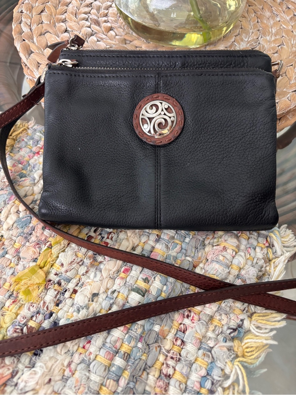 Brighton Black Leather Crossbody Super Organizer with Decorative Medallion